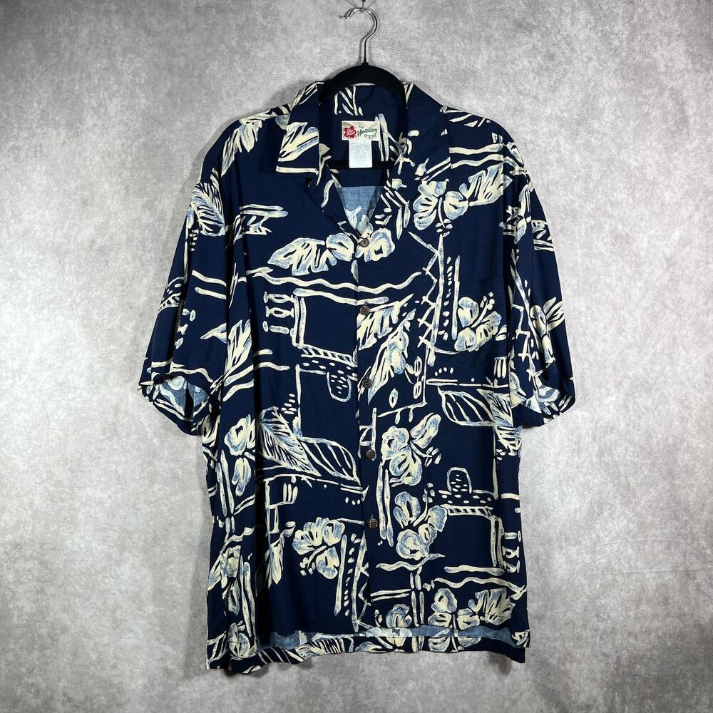 Hilo Hattie Hawaiian Camp Shirt Mens XL Navy Blue Floral Button Up Summer Resort
